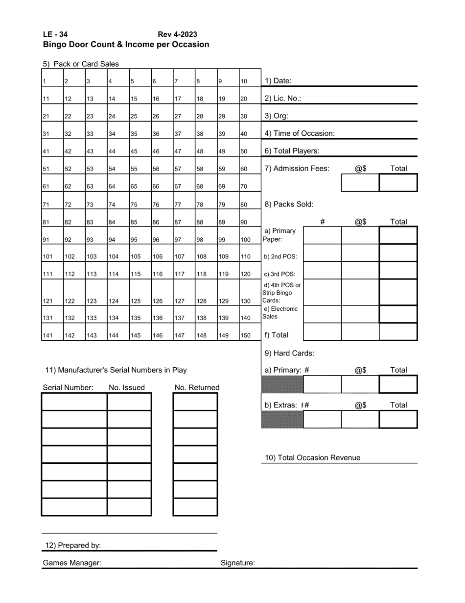 Form LE-34 Bingo Door Count  Income Per Occasion - Colorado, Page 1