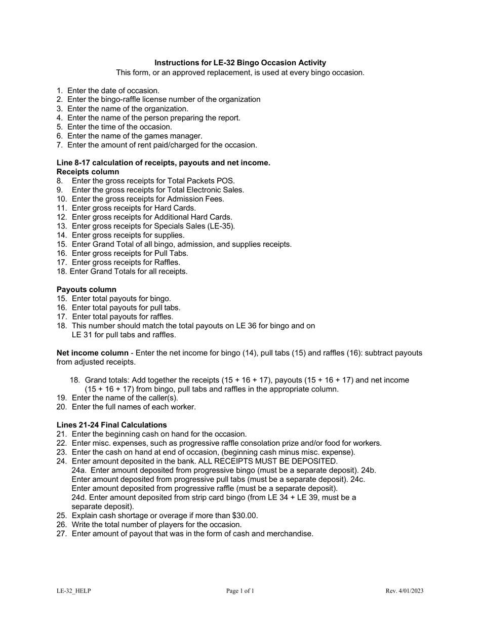 Instructions for Form LE-32 Bingo Occasion Activity Summary - Colorado, Page 1