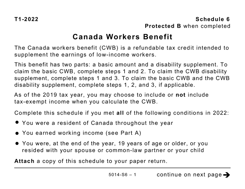 Form 5014-S6 Schedule 6 Canada Workers Benefit (Large Print) - Canada, 2022