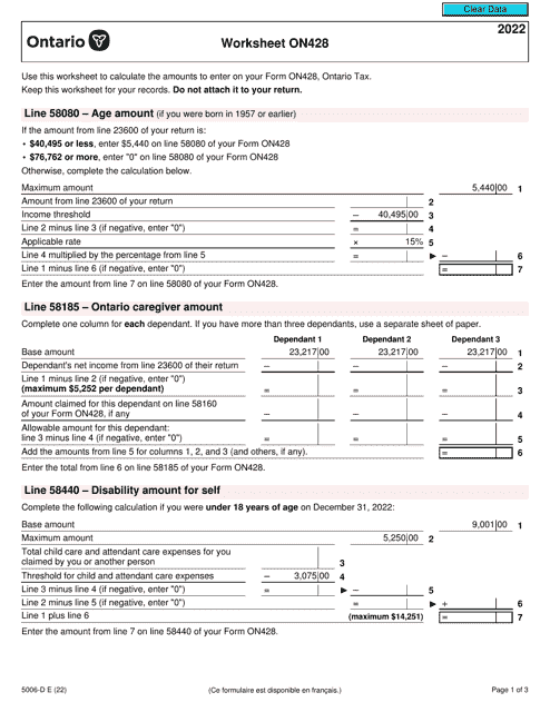 Form 5006-D Worksheet ON428 2022 Printable Pdf