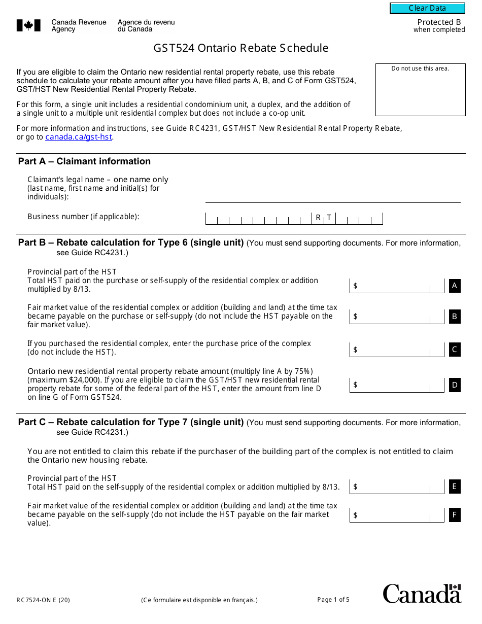 Form RC7524-ON Gst524 Ontario Rebate Schedule - Canada, Page 1