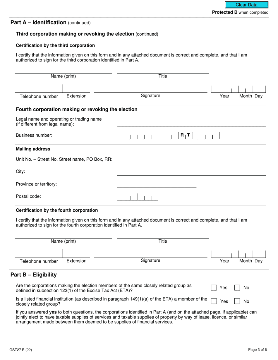 Form GST27 Election or Revocation of an Election to Deem Certain Supplies to Be Financial Services for Gst / Hst Purposes - Canada, Page 3