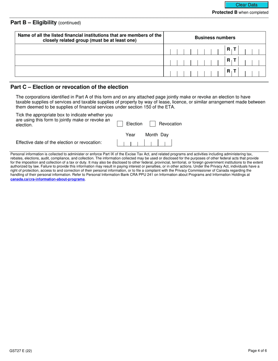 Form GST27 Election or Revocation of an Election to Deem Certain Supplies to Be Financial Services for Gst / Hst Purposes - Canada, Page 4
