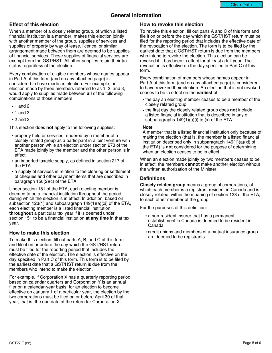 Form GST27 Election or Revocation of an Election to Deem Certain Supplies to Be Financial Services for Gst / Hst Purposes - Canada, Page 5