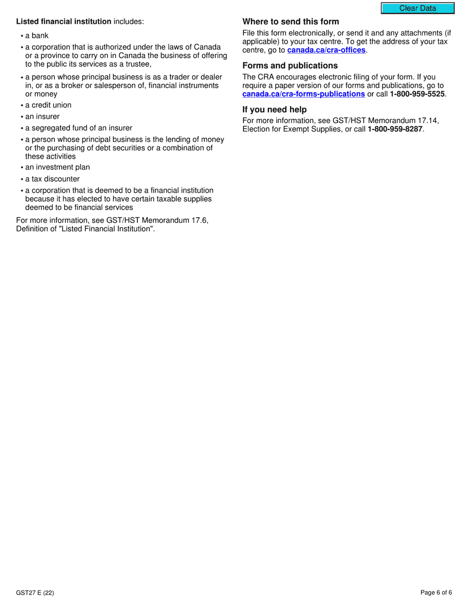 Form GST27 Election or Revocation of an Election to Deem Certain Supplies to Be Financial Services for Gst / Hst Purposes - Canada, Page 6