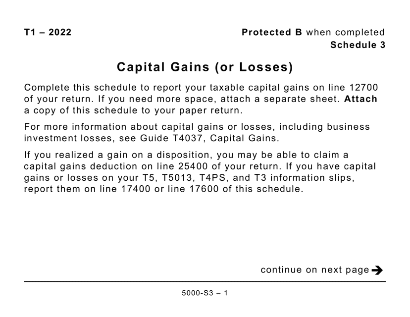 Form 5000-S3 Schedule 3 Capital Gains (Or Losses) - Large Print - Canada, 2022