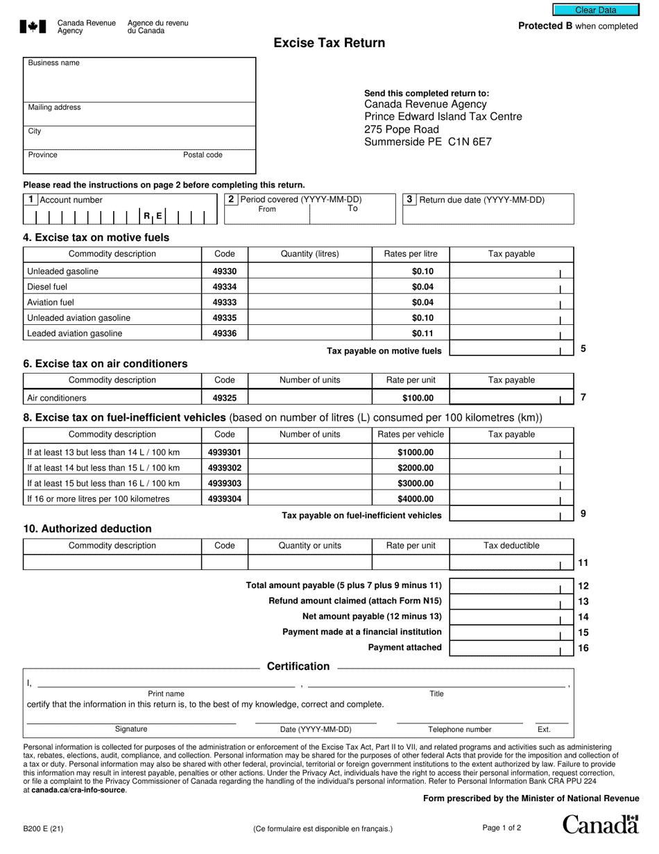 Form B200 Download Fillable PDF or Fill Online Excise Tax Return