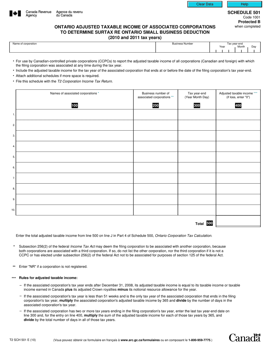 Form T2 Schedule 501 Ontario Adjusted Taxable Income of Associated Corporations to Determine Surtax Re Ontario Small Business Deduction (2010 and 2011 Tax Years) - Canada, Page 1