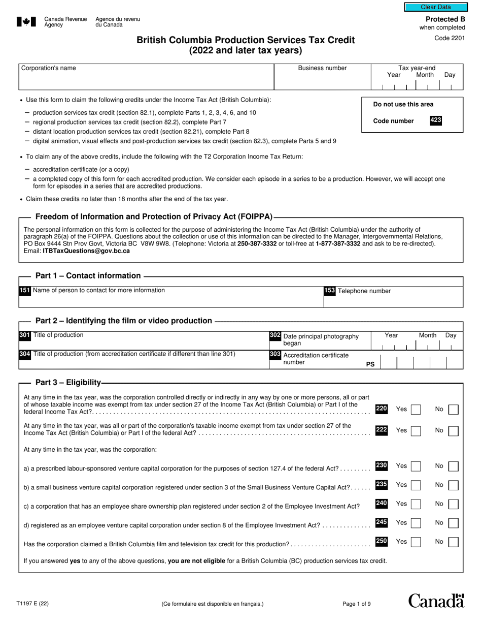 Form T1197 British Columbia Production Services Tax Credit (2022 and Later Tax Years) - Canada, Page 1