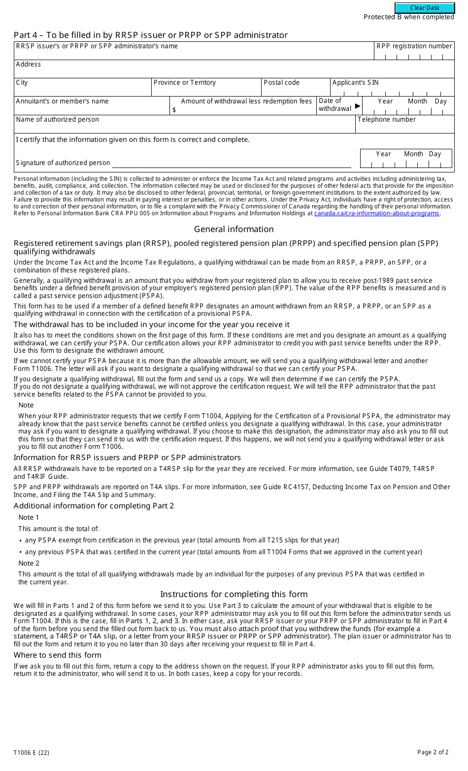 Form T1006 Designating an Rrsp, a Prpp or an Spp Withdrawal as a Qualifying Withdrawal - Canada, Page 2