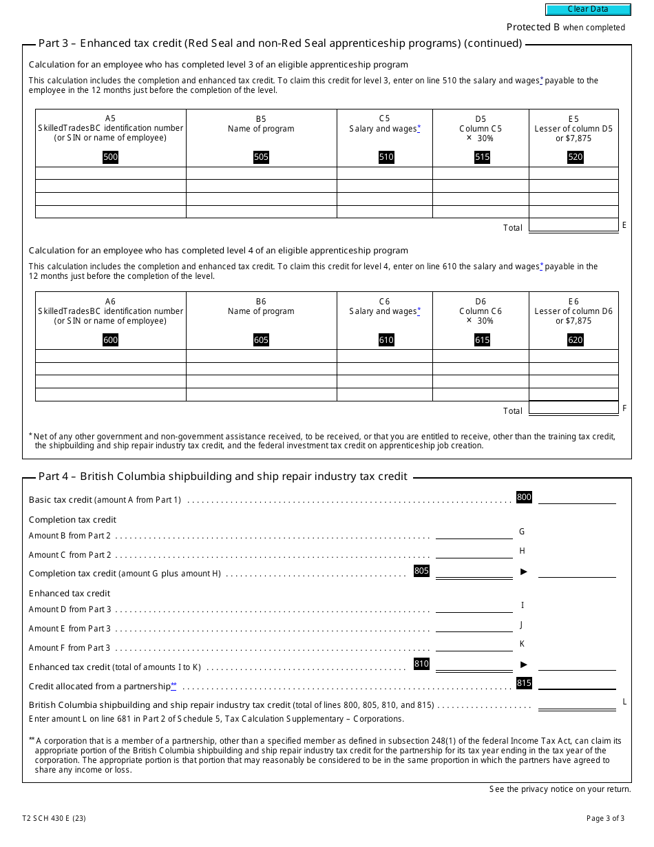 Form T2 Schedule 430 British Columbia Shipbuilding and Ship Repair Industry Tax Credit (2019 and Later Tax Years) - Canada, Page 3