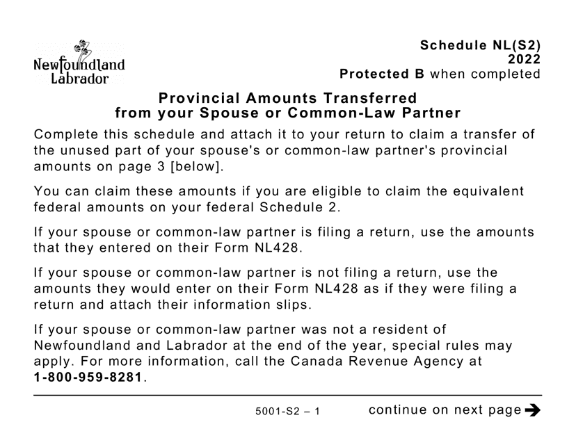 Form 5001-S2 Schedule NL(S2) Provincial Amounts Transferred From Your Spouse or Common-Law Partner - Large Print - Canada, 2022