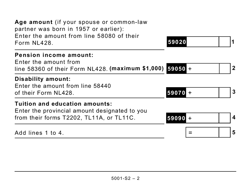 Form 5001-S2 Schedule NL(S2) Provincial Amounts Transferred From Your Spouse or Common-Law Partner - Large Print - Canada, Page 2