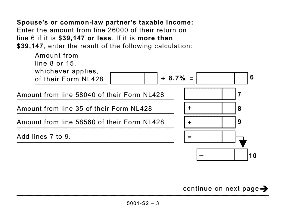 Form 5001-S2 Schedule NL(S2) Provincial Amounts Transferred From Your Spouse or Common-Law Partner - Large Print - Canada, Page 3