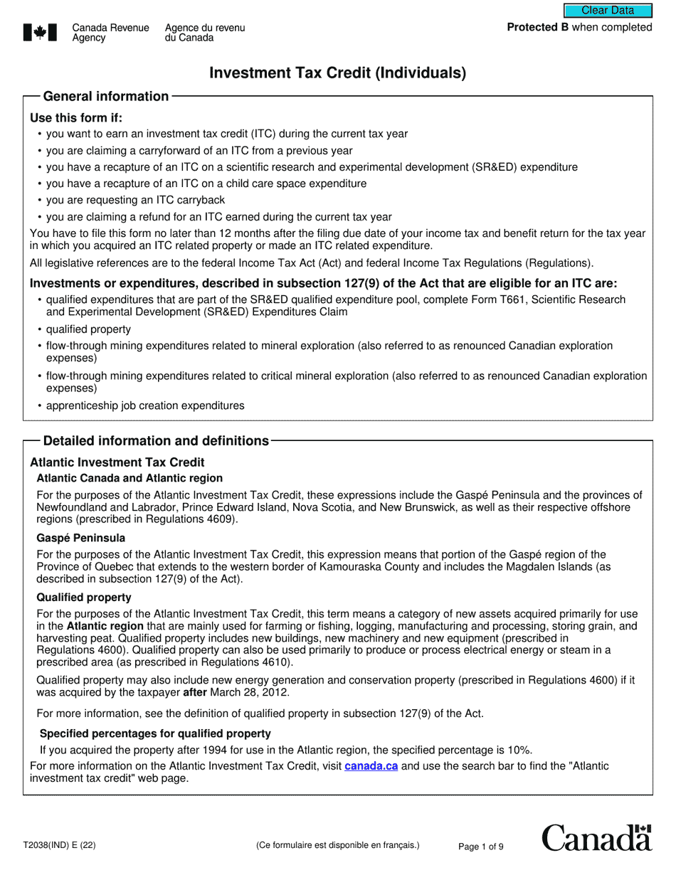 Form T2038(IND) Investment Tax Credit (Individuals) - Canada, Page 1