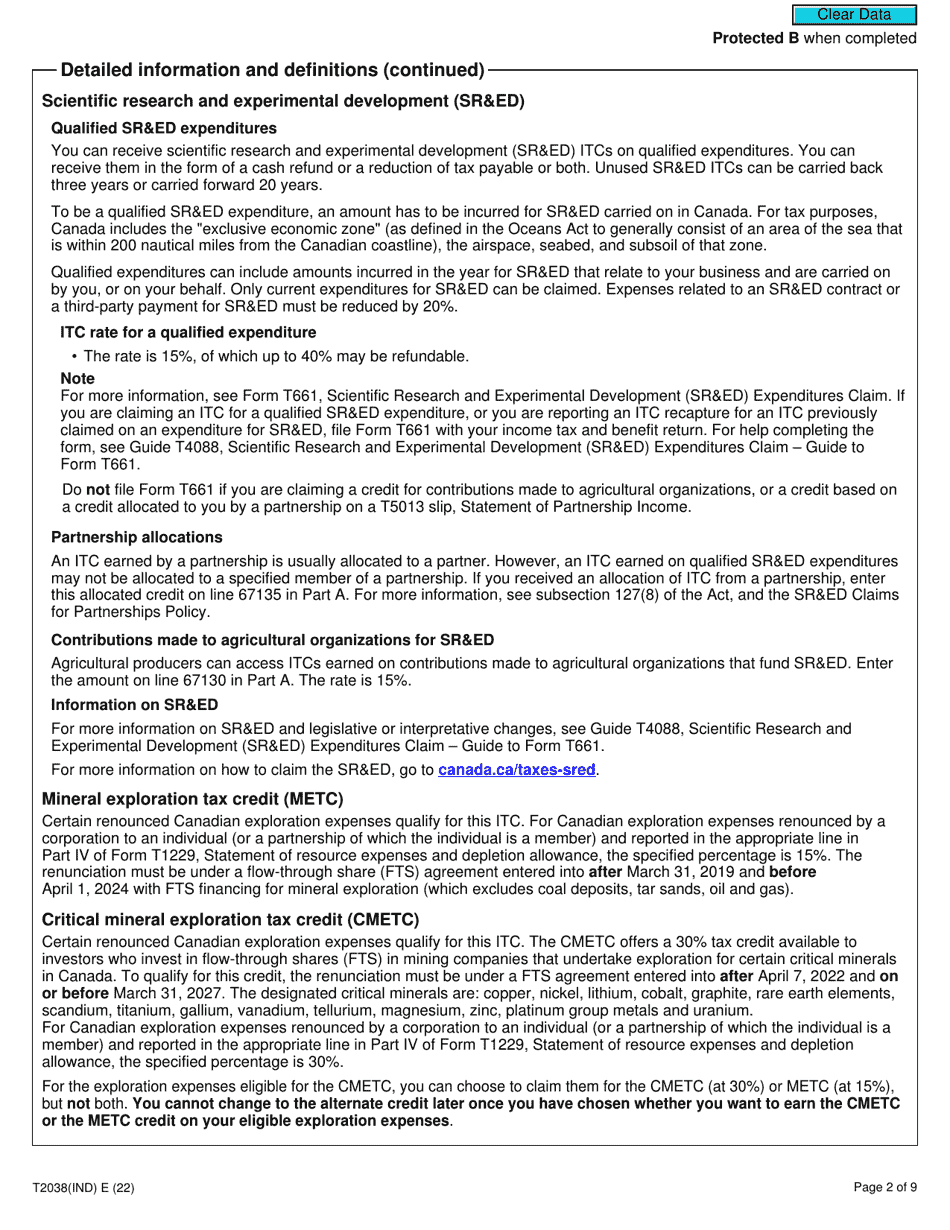 Form T2038(IND) Investment Tax Credit (Individuals) - Canada, Page 2