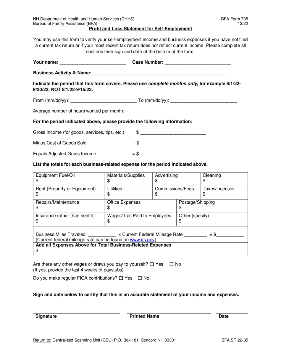 BFA Form 735 Profit and Loss Statement for Self-employment - New Hampshire, Page 1