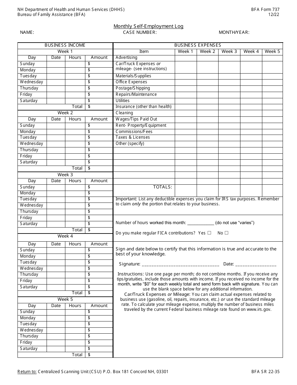 BFA Form 737 Monthly Self-employment Log - New Hampshire, Page 1