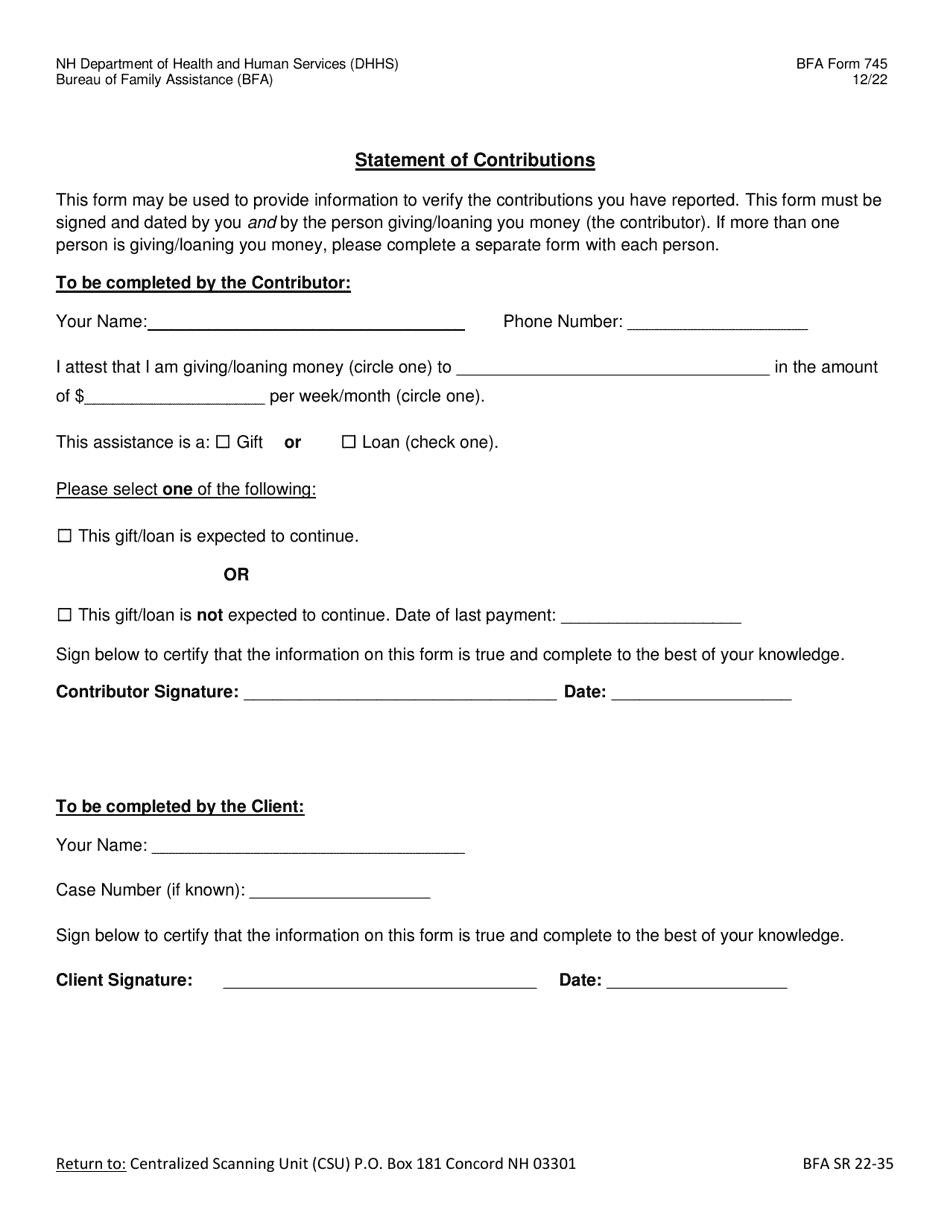 BFA Form 745 Statement of Contributions - New Hampshire, Page 1