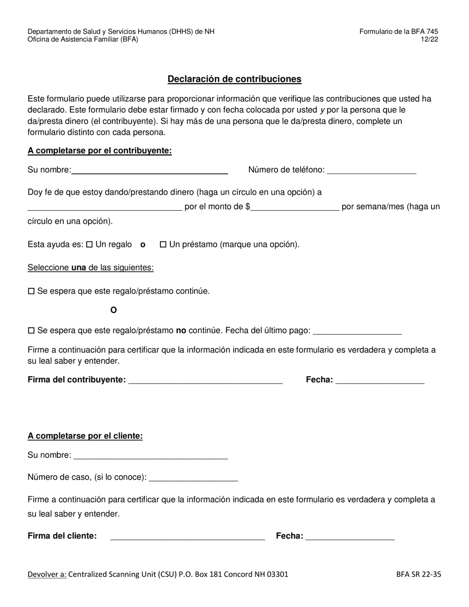 BFA Formulario 745 Declaracion De Contribuciones - New Hampshire (Spanish), Page 1