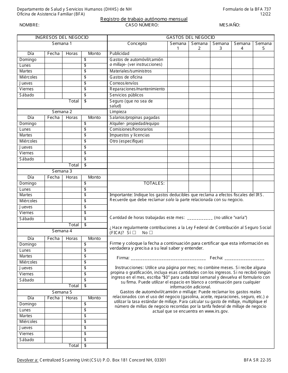 BFA Formulario 737 Registro De Trabajo Autonomo Mensual - New Hampshire (Spanish), Page 1