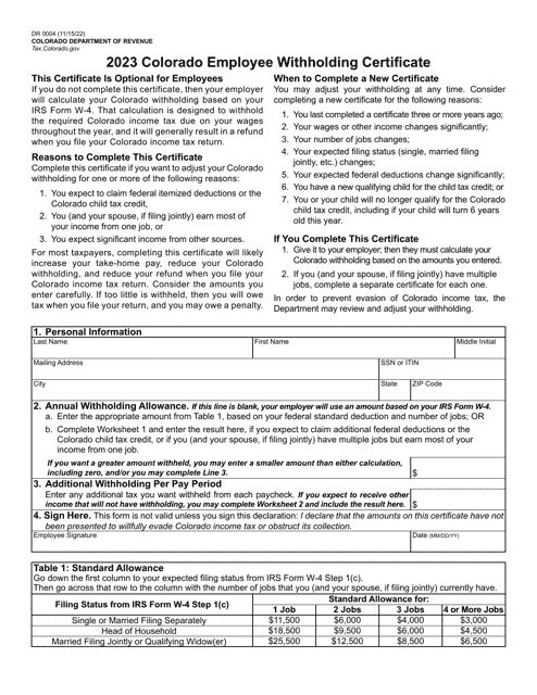 Form DR0004 Colorado Employee Withholding Certificate - Colorado, 2023