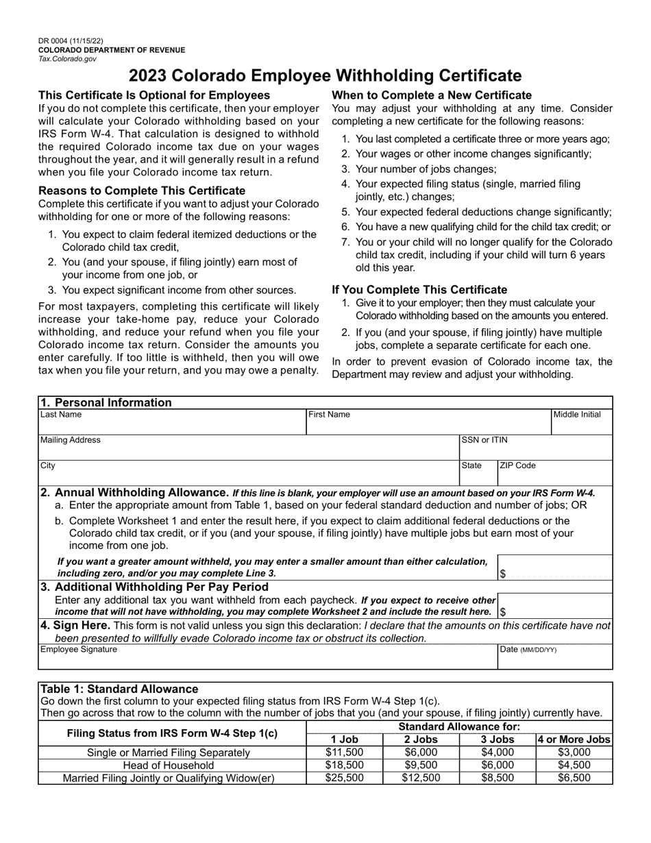 Form DR0004 Colorado Employee Withholding Certificate - Colorado, Page 1