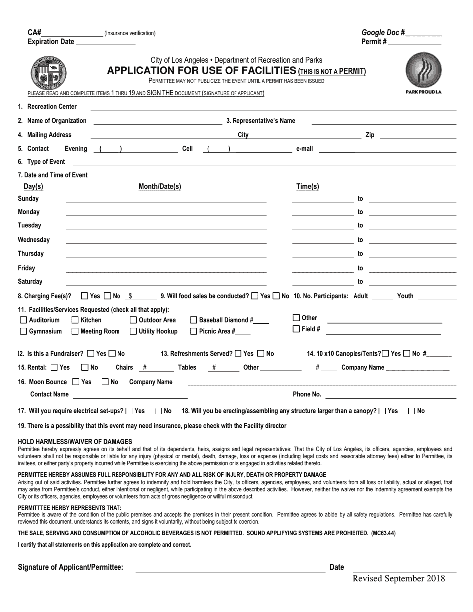 Application for Use of Facilities - City of Los Angeles, California, Page 1