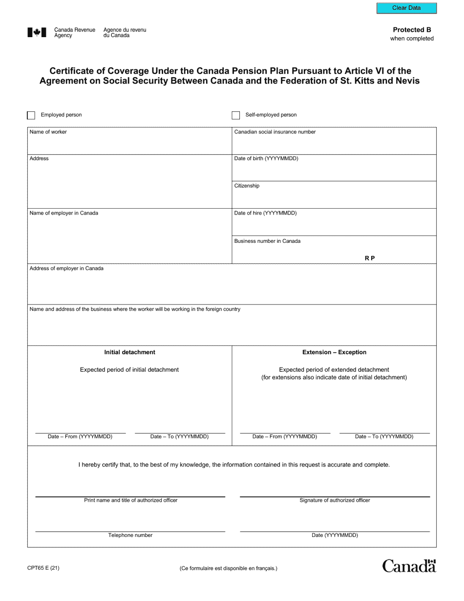 Form CPT65 Certificate of Coverage Under the Canada Pension Plan Pursuant to Article VI of the Agreement on Social Security Between Canada and the Federation of St. Kitts and Nevis - Canada, Page 2