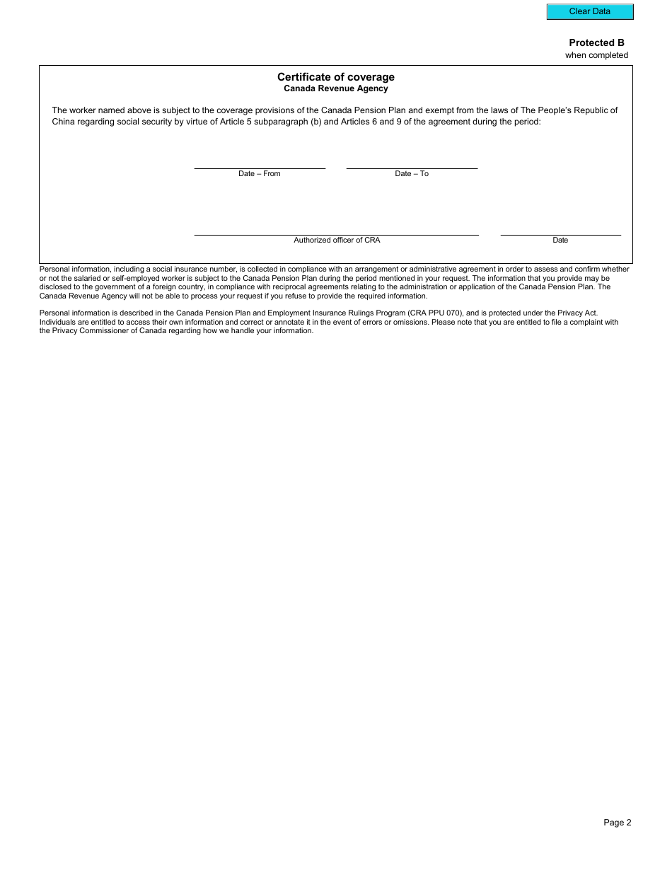 Form CPT171 Certificate of Coverage Under the Canada Pension Plan Pursuant to Article 5 Subparagraph (B) and Articles 6 and 9 of the Social Security Agreement Between Canada and the Peoples Republic of China - Canada, Page 3