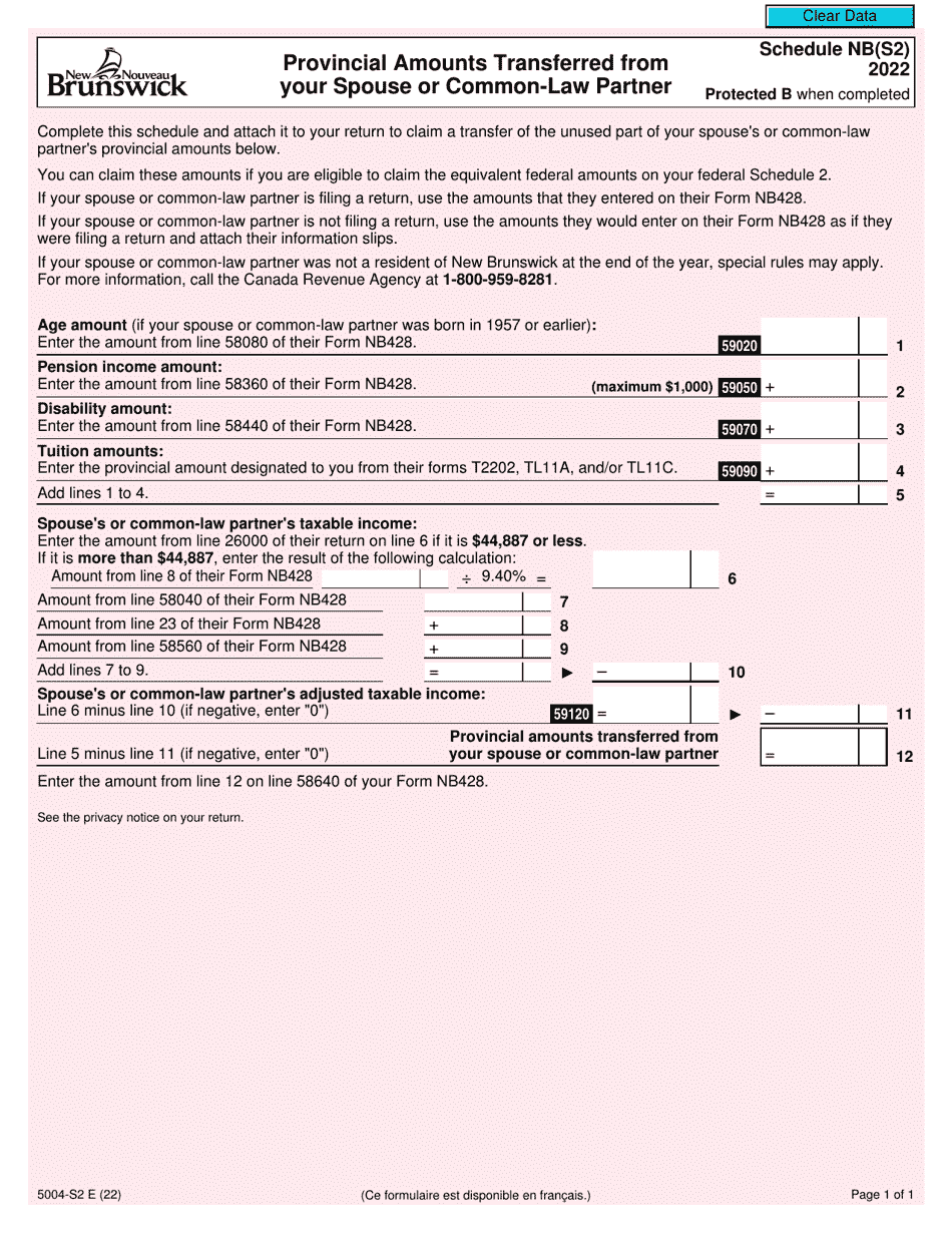 Form 5004-S2 Schedule NB(S2) Provincial Amounts Transferred From Your Spouse or Common-Law Partner - Canada, Page 1