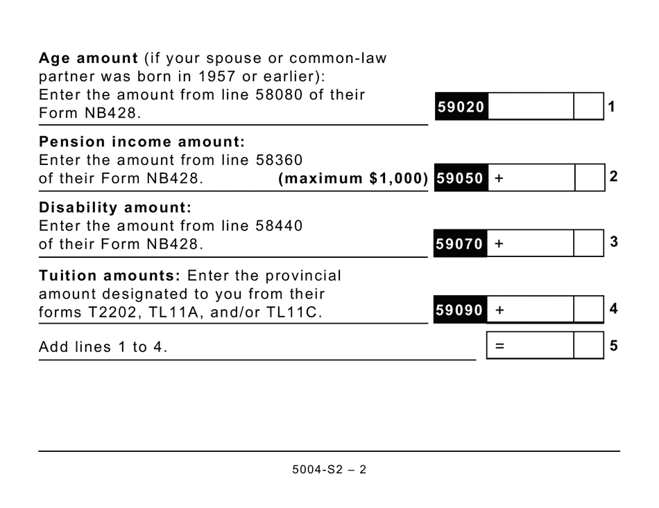 Form 5004-S2 Schedule NB(S2) Provincial Amounts Transferred From Your Spouse or Common-Law Partner - Large Print - Canada, Page 2