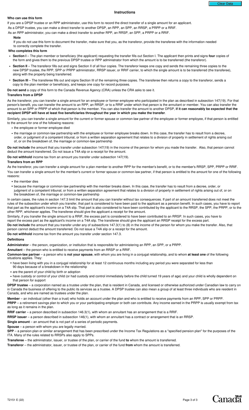 Form T2151 Direct Transfer of a Single Amount Under Subsection 147(19) or Section 147.3 - Canada, Page 3