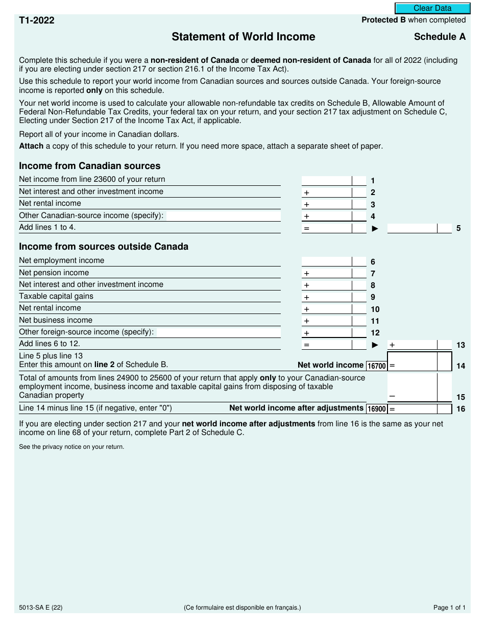 Form 5013-SA Schedule A Statement of World Income - Canada, Page 1
