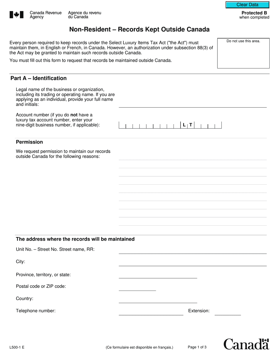 Form L500-1 Non-resident - Records Kept Outside Canada - Canada, Page 1