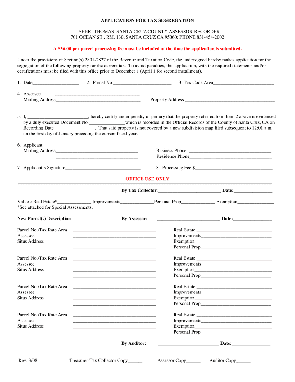 County of Santa Cruz, California Application for Tax Segregation Fill Out, Sign Online and