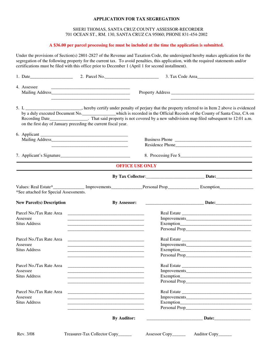 Application for Tax Segregation - County of Santa Cruz, California, Page 1