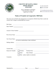 Document preview: Notice of Transfer in Cooperative Mh Park - County of Santa Cruz, California