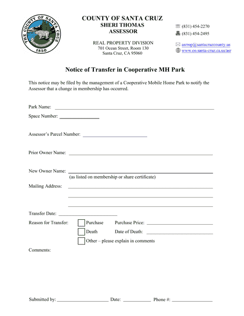 Notice of Transfer in Cooperative Mh Park - County of Santa Cruz, California Download Pdf