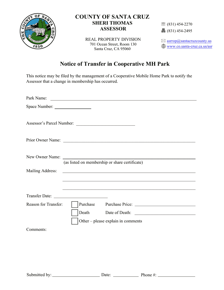 Notice of Transfer in Cooperative Mh Park - County of Santa Cruz, California, Page 1