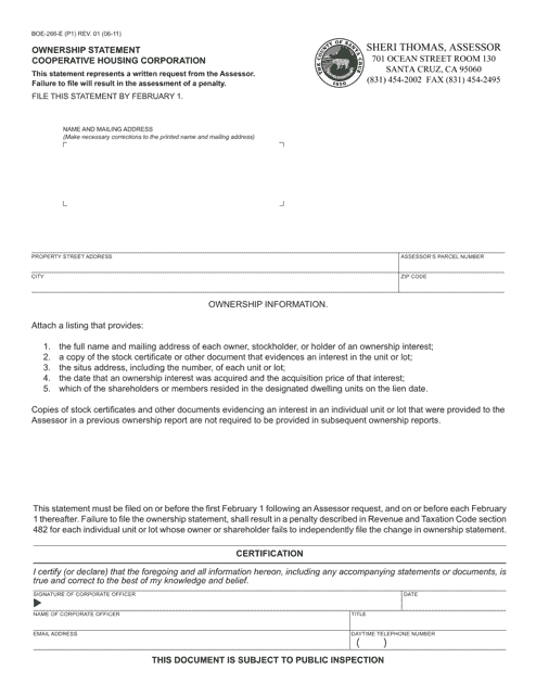 Form BOE-266-E Ownership Statement Cooperative Housing Corporation - County of Santa Cruz, California