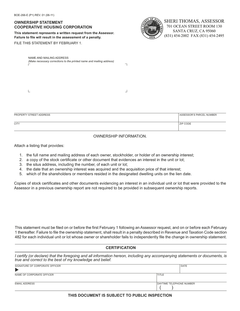 Form BOE-266-E Ownership Statement Cooperative Housing Corporation - County of Santa Cruz, California, Page 1