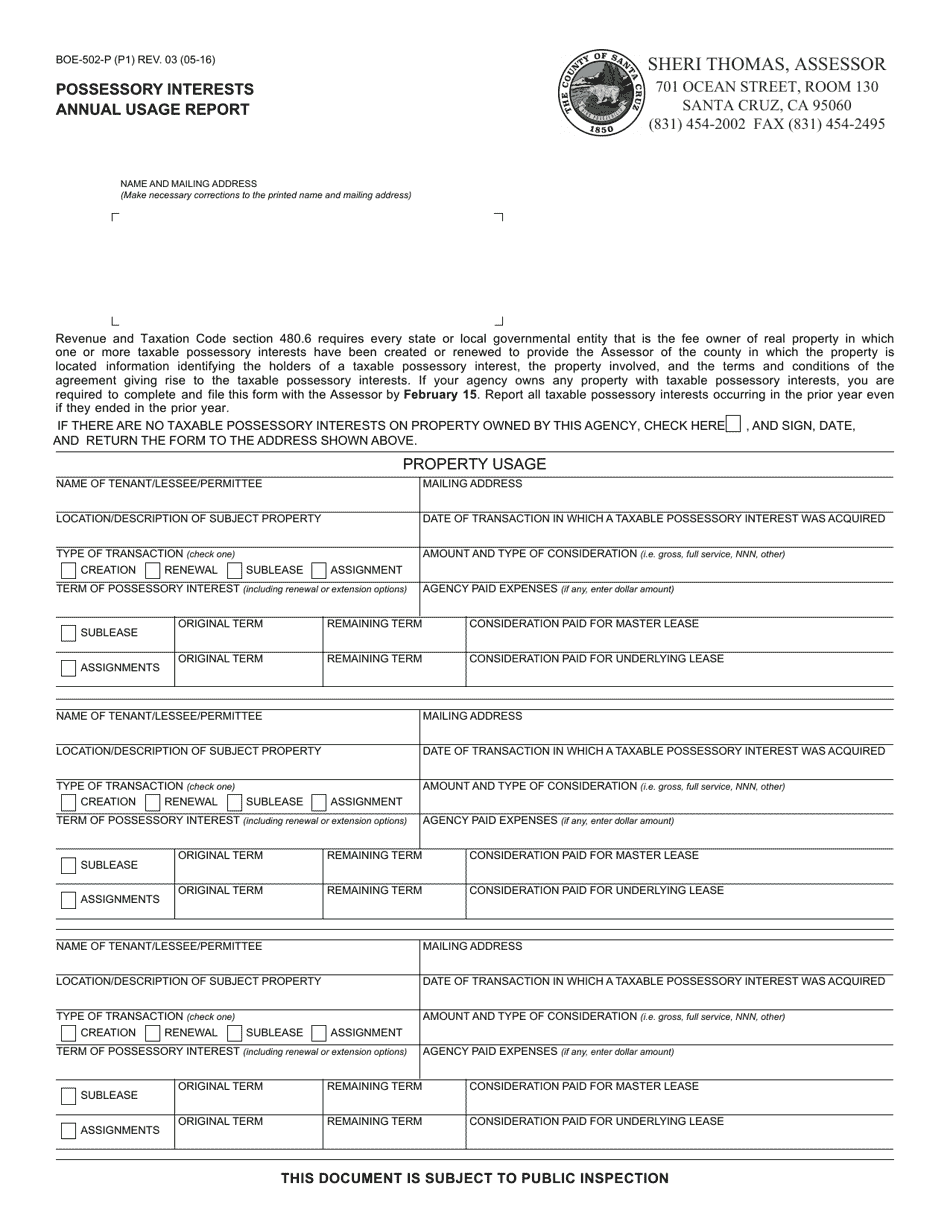 Form BOE-502-P Possessory Interests Annual Usage Report - County of Santa Cruz, California, Page 1