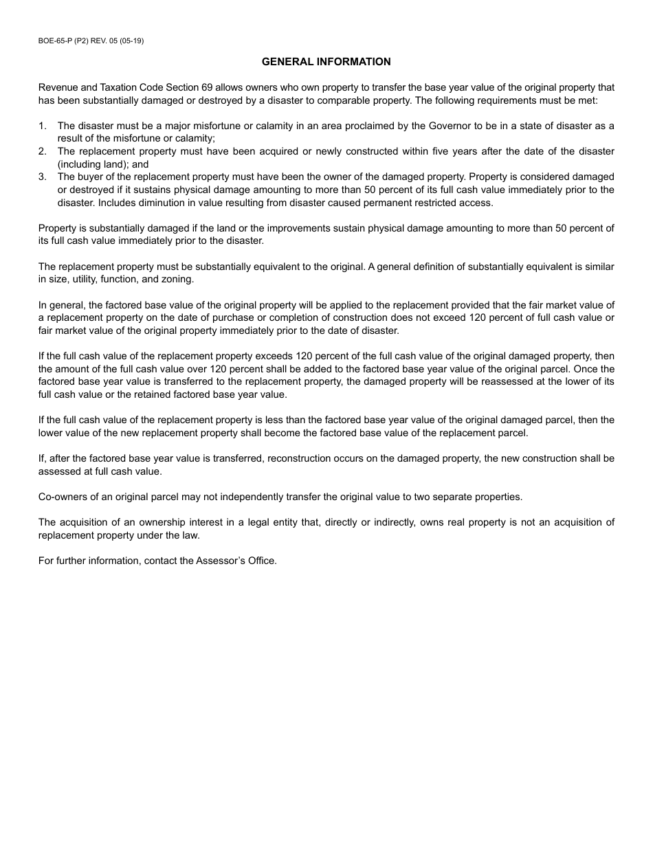 Form BOE-65-P Claim for Intracounty Transfer of Base Year Value to Replacement Property for Property Damaged or Destroyed in a Governor-Declared Disaster - Santa Cruz County, California, Page 2