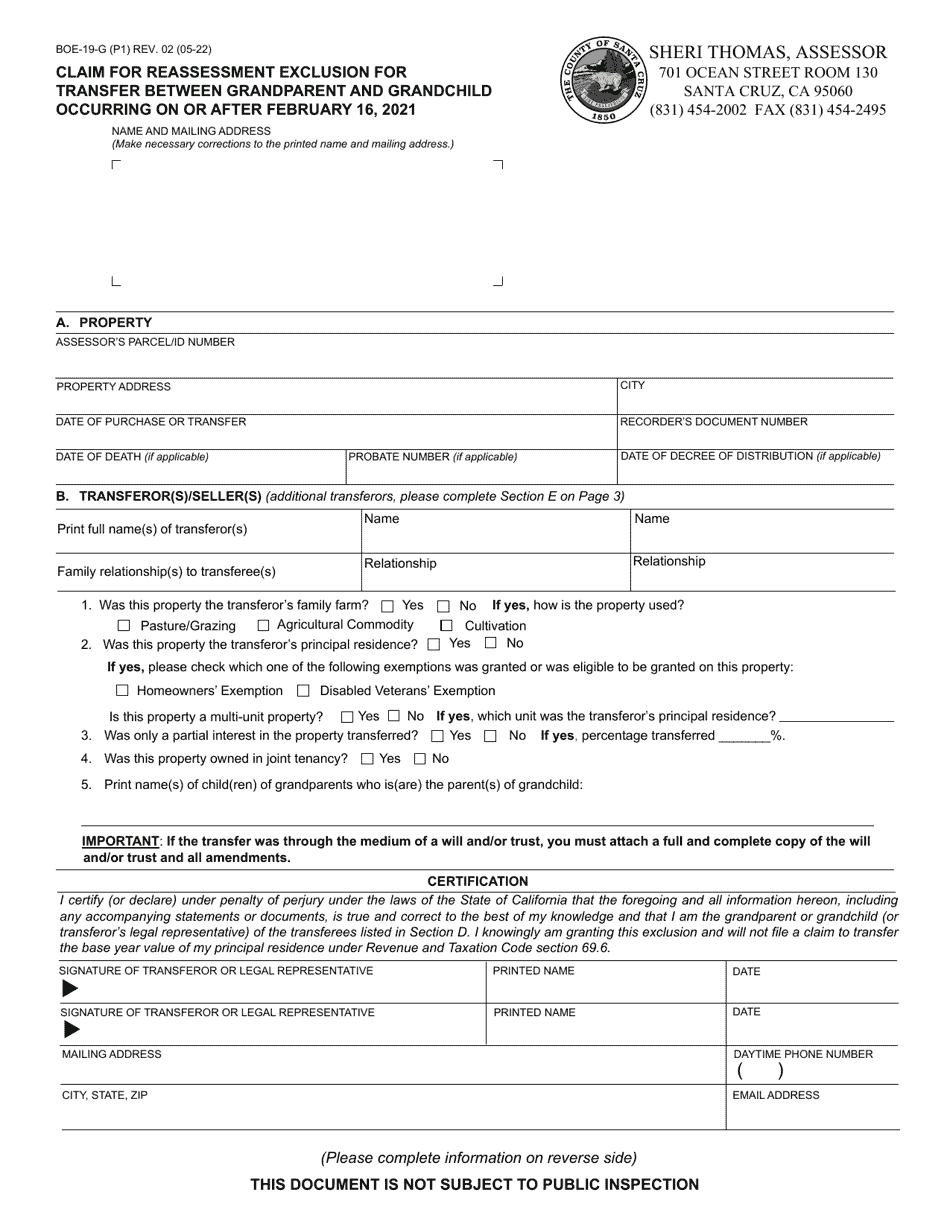 Form BOE-19-G Claim for Reassessment Exclusion for Transfer Between Grandparent and Grandchild Occurring on or After February 16, 2021 - County of Santa Cruz, California, Page 1