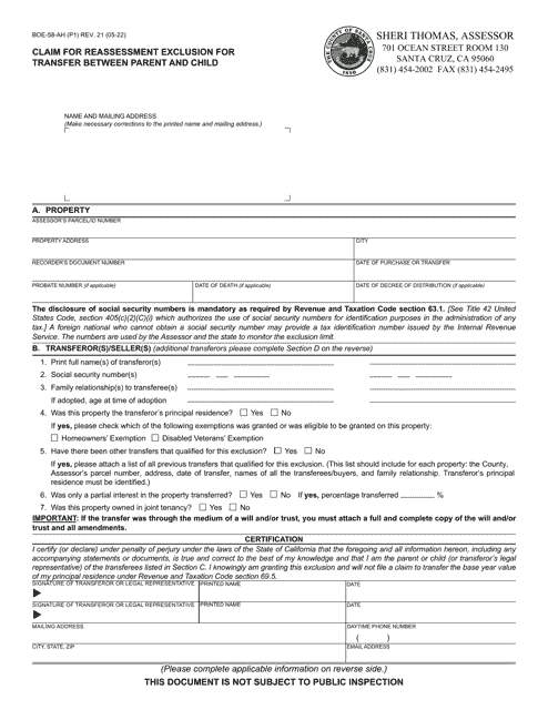 Form BOE-58-AH Claim for Reassessment Exclusion for Transfer Between Parent and Child - County of Santa Cruz, California