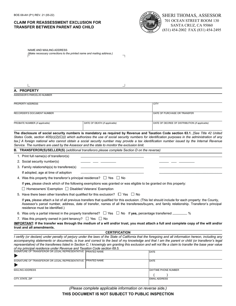 Form BOE-58-AH Claim for Reassessment Exclusion for Transfer Between Parent and Child - County of Santa Cruz, California, Page 1