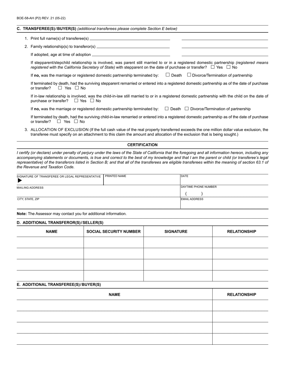 Form BOE-58-AH Claim for Reassessment Exclusion for Transfer Between Parent and Child - County of Santa Cruz, California, Page 2