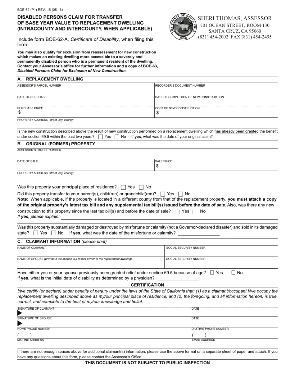 Form BOE-62 - Fill Out, Sign Online and Download Fillable PDF, County ...