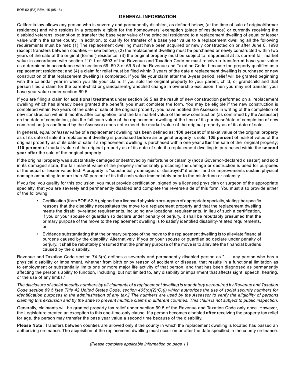 Form BOE-62 Disabled Persons Claim for Transfer of Base Year Value to Replacement Dwelling (Intracounty and Intercounty, When Applicable) - County of Santa Cruz, California, Page 2